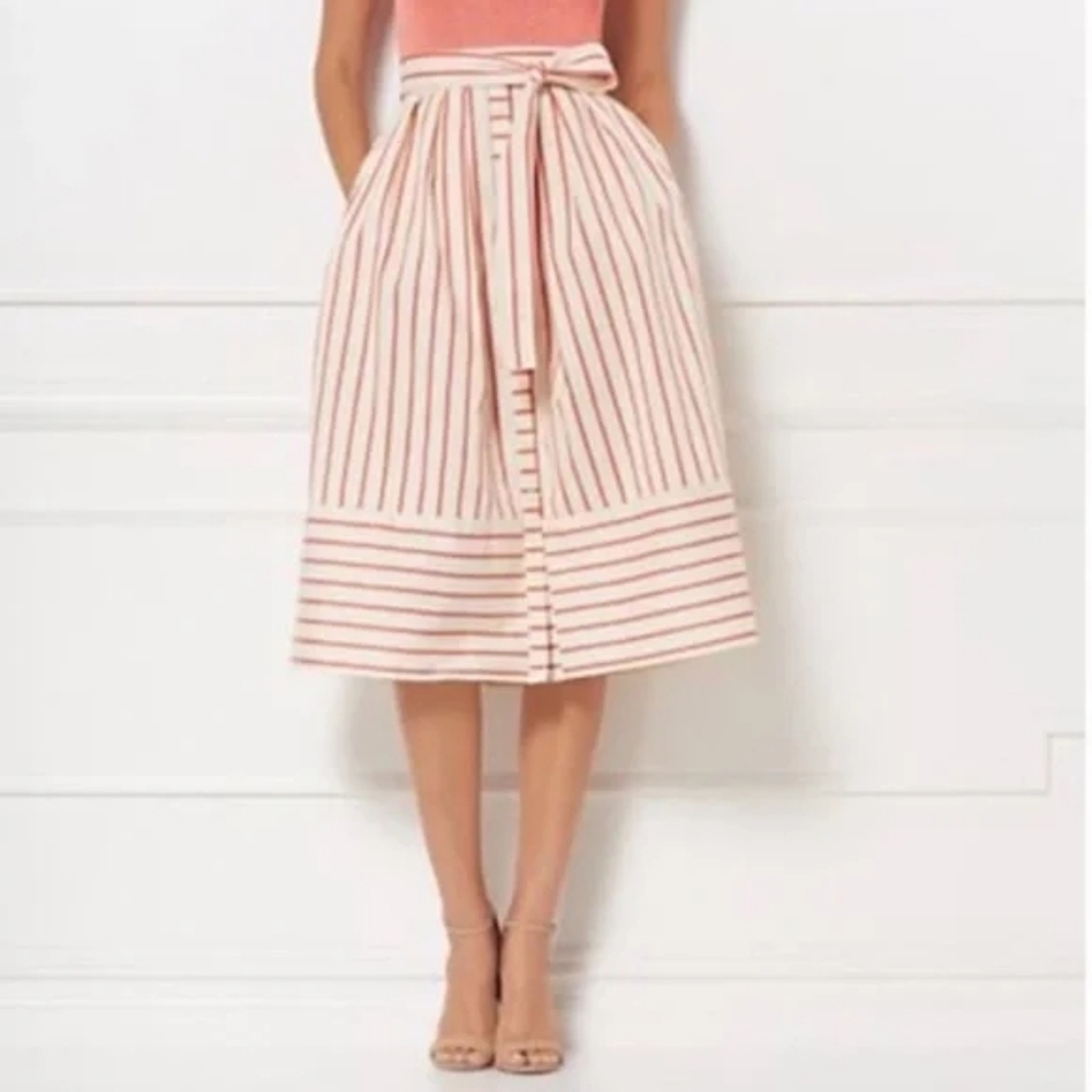 🆕Eva Mendes Flare Skirt 16, Cream/Orange Stripe,Tie Waist W/Semi Button